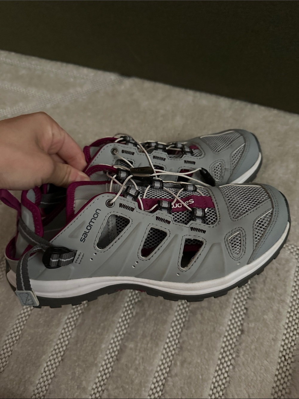 Salomon Women’s Gray and Berry Trail Sneakers